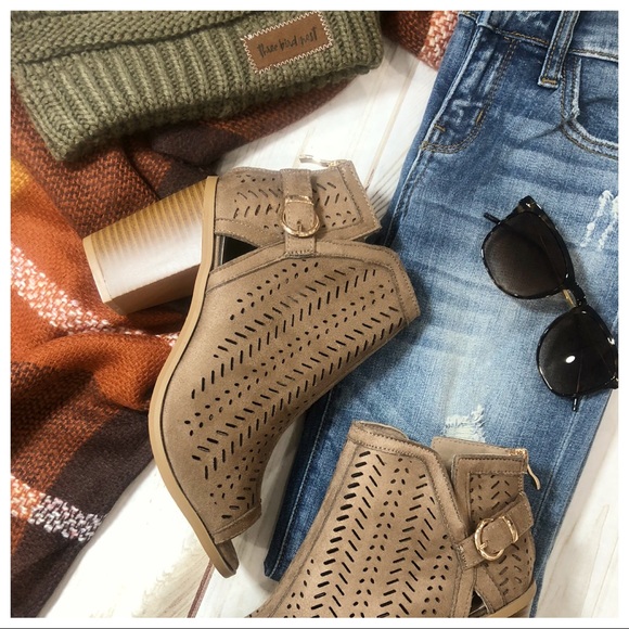 Dark Taupe Open Toe Laser Cut Bootie - Picture 3 of 5